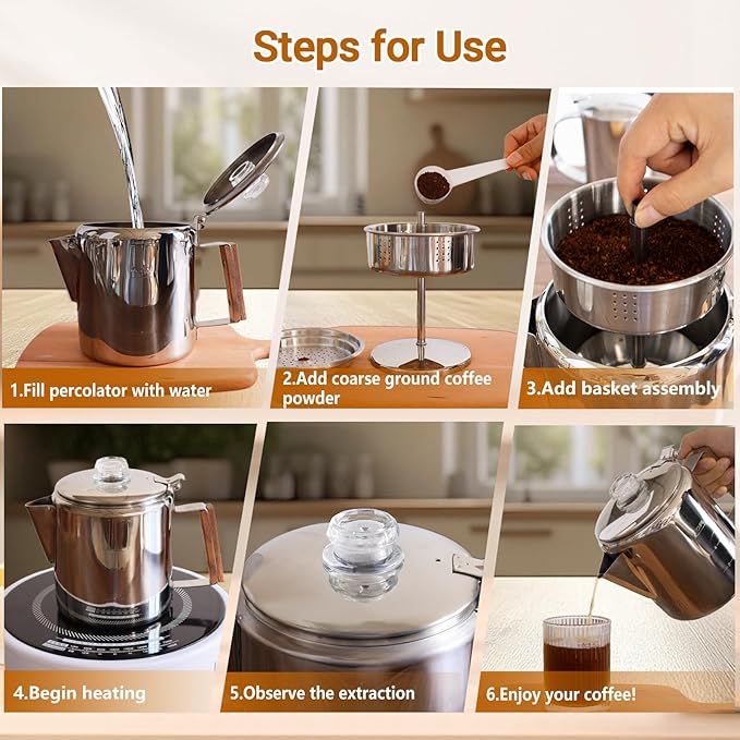 No Coating 6 Cup Percolator Coffee Pot 304 Stainless Steel Moka Pot Stovetop Espresso Maker Italian Greca Cuban Machine 1000ml 33.8oz Suitable for Gas Induction Stovetop Camping Kettle