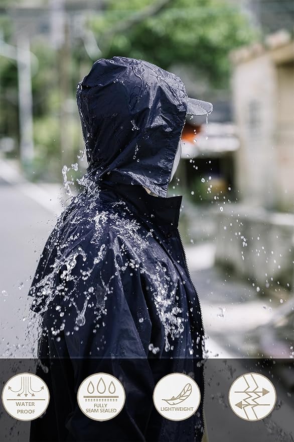 RainRider Raincoat for Men Waterproof Long Rain Jacket with Stowable Hood Lightweight Rain Gear Poncho for Unisex