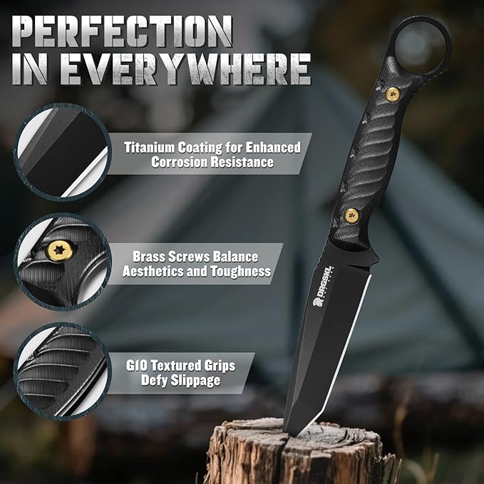 Tanto Fixed Blade Knife - Full Tang Survival Knives for Bushcraft, Camping Knives with Sheath, Black Knives Forged from a Single Piece of D2 Steel, Ideal Gift for Men