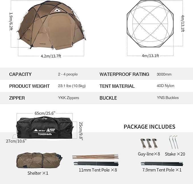 OneTigris Tower M Dome Tent, Waterproof Windproof 4 Person Tent with Stove Jack for Camping, Hiking, Hunting, Bushcraft, Winter, Car Trips