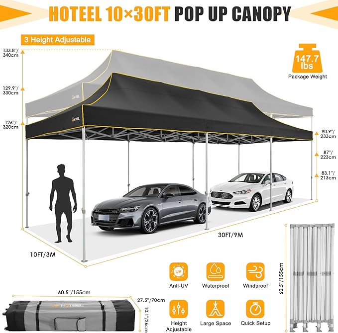 HOTEEL 10x30 Heavy Duty Pop Up Canopy Tent for Parties Event Wedding Commercial Instant Canopy with Wheeled Bag, Party Tent Waterproof UV 50+&Windproof, Upgraded Thick Hexagonal Legs, Black