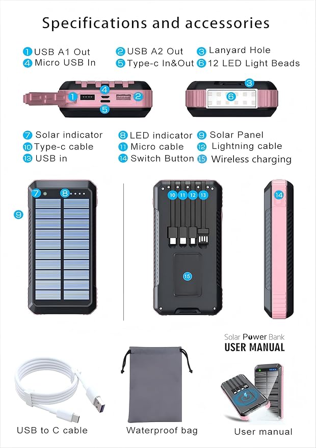 Solar Charger Power Bank 49800mAh, Portable Phone Charging Built-in 4 Cables 22.5W Fast Charging for Cell Phones, Type-C input/Output Port Solar Panel Charger with Dual Flashlights&Compass for Camping