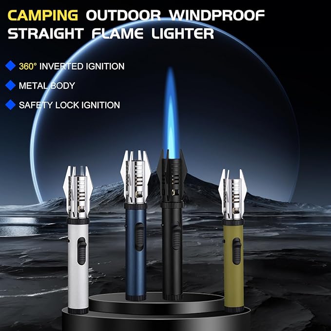 Torch Lighter, Camping Outdoor Windproof Straight Flame Lighter, Refillable Butane Lighter with Safety Lock and Adjustable Flame Size, for Outdoor BBQ Camping Kitchen Cooking (Black)