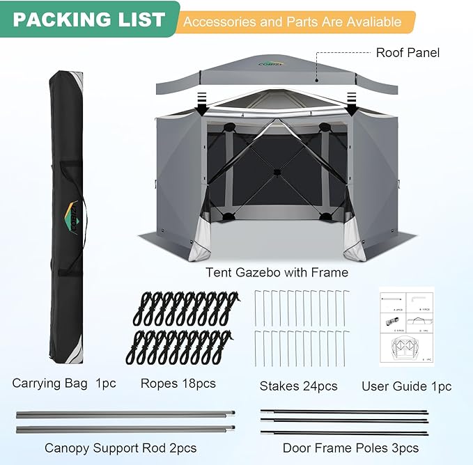 COBIZI 12x12 Pop up Gazebo Screen House Tent for Camping, Outdoor Canopy with Removable Roof&Sidewalls,Portable Hub Tent with Carrying Bag and Ground Stakes, Grey(Upgraded 2.0)