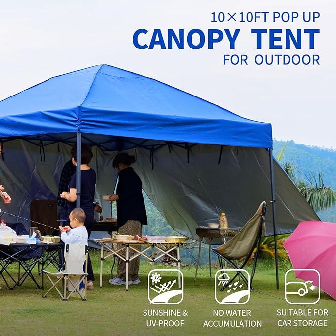 10x10 Pop Up Canopy Tent with 2 Sidewalls, Easy Up Canopy Outdoor Party Sun Shade Tent Portable Gazebo for Beach Camping Events with Carry Bag and 4 Sand Bags(Blue)