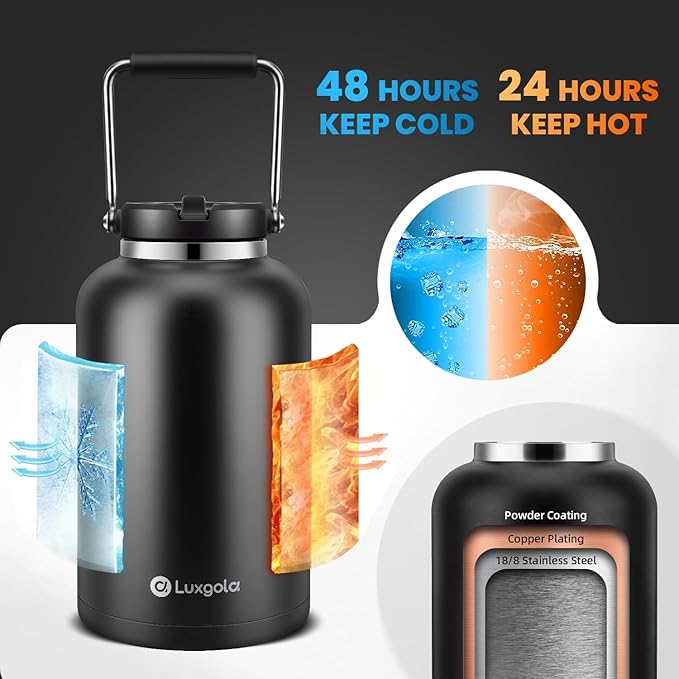 128 oz Insulated Water Jug with Straw Lid and Handle, One Gallon Stainless Steel Double Vacuum Water Bottle for Hot & Cold Drinks - Sweat Proof, Great for Travel, Hiking, Camping - Dark Blue