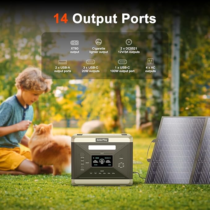 SolarPlay Q2501 Solar Portable Generator 2400W for RV Camping, Home Solar Powered Generator 2160Wh LiFePO4 Battery w/ 4 2000W AC Outlets, 2 DC Outlets, XT60, Cigarette Lighter & 6 USB Power Station