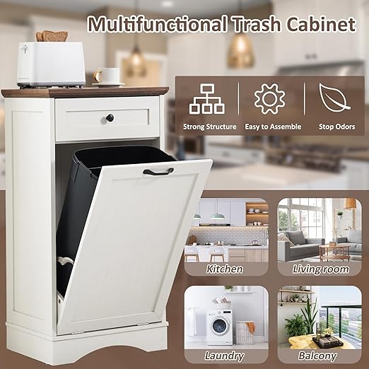 13 Gallons Tilt Out Trash Cabinet Freestanding Kitchen Trash Bin Cabinet Wood Garbage Recycling Cabinet with Hideaway Drawer Pet Proof Trash Can Holder for Kitchen Living Room, Antique White