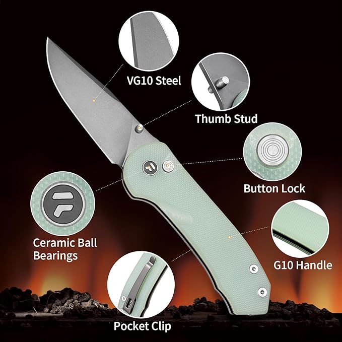Button Lock Pocket Knife with 2.85 inch VG10 Steel Blade G10 Handle, Folding Knife for EDC, Natural Green