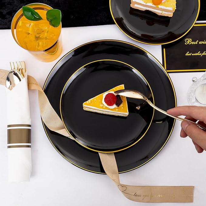 KIRE 350 PCS Plastic Dinnerware Set for 50 Guests - Black and Gold Plates 50 for Dinner 50 for Dessert & 50 Pre Rolled Napkins with Disposable Silverware 50 Cups for Halloween Party/Banquet/Wedding