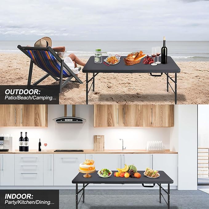 Portable Plastic Folding Table 4ft/6ft/8ft Heavy Duty White Black Picnic Dining Table Fold-in-Half for Camp Party Kitchen Indoor Outdoor