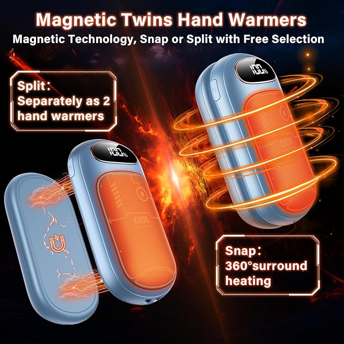 Hand Warmers Rechargeable - Electric Hand Warmer Reusable 2 Pack, LED Display, 20Hrs Warmth, 4 Levels Heat, Portable Charging Magnetic Pocket Heater for Men, Women, Raynauds, Hunting, Golf
