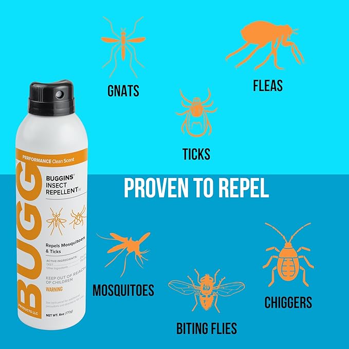 BUGGINS IV Performance - Insect Repellent - Mosquitoes, Gnats, Ticks, and Biting Flies, 25% DEET, Powdery Scent - 6 oz Continuous Spray Can