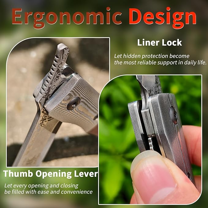 KATSU Handmade Damascus Pocket Knife Wood Handle, Japanese Razor Folding Knives for Men Linner Lock,Snake Wood Damascus Blade Flipper Knife with Leather Sheath Camping Hiking