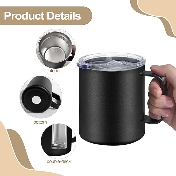 16 Pack Stainless Steel Insulated Coffee Mug Bulk with Handle & Lids, Powder Coated 12oz Vacuum Insulated Double Wall Mug for Laser Engrave, Black