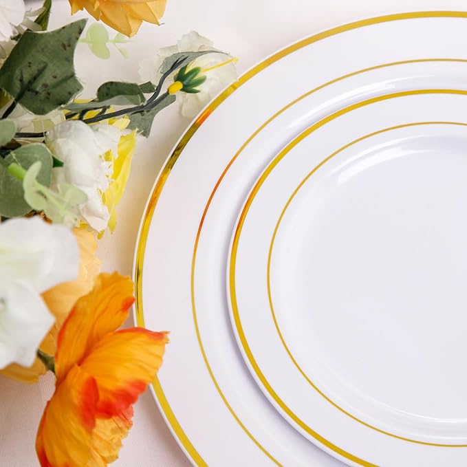 NOCCUR 700PCS Gold Plastic Plates - Gold Disposable Dinnerware Set for 100 - Include 200 Dinner/Dessert Plates,300 Cutlery,100Cups,100Napkins, Idea for Wedding&Party