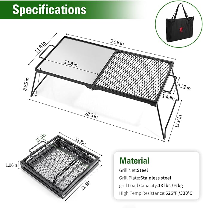 Campfire Grill Portable Folding Camping Grill Grate Heavy Duty Steel Fire Pit Grill Grate,Camp Fire Cooking Racks with Carrying Bag,Grilling Rack for Outdoor Open Flame Cooking