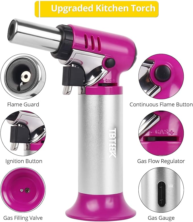 TBTEEK Butane Torch with Fuel Gauge T907, One-hand Operation Kitchen Torch Lighter with Adjustable Flame for BBQ, Baking, Brulee Creme, Crafts and Soldering(Butane Gas Not Included), Pink