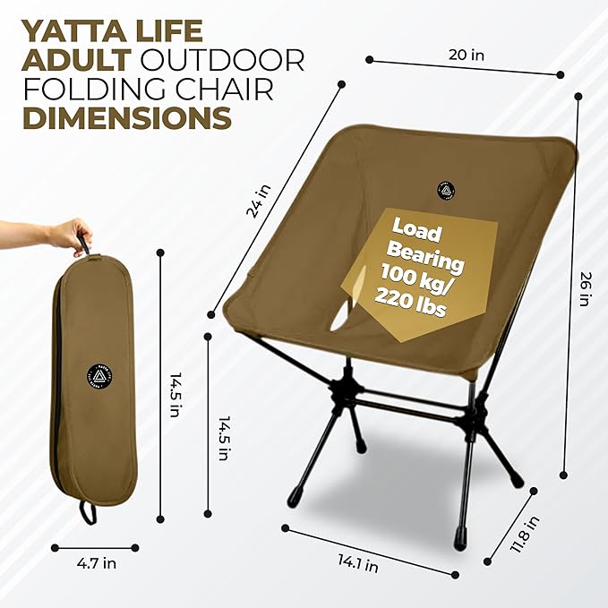 Low Back Folding Camping Chairs with Storage Pouches - Lawn Chairs, Beach Chair, Fishing Chair, Pliante Portable Camping Outdoor Chair, Chaise Camping Chairs for Adults (Khaki)
