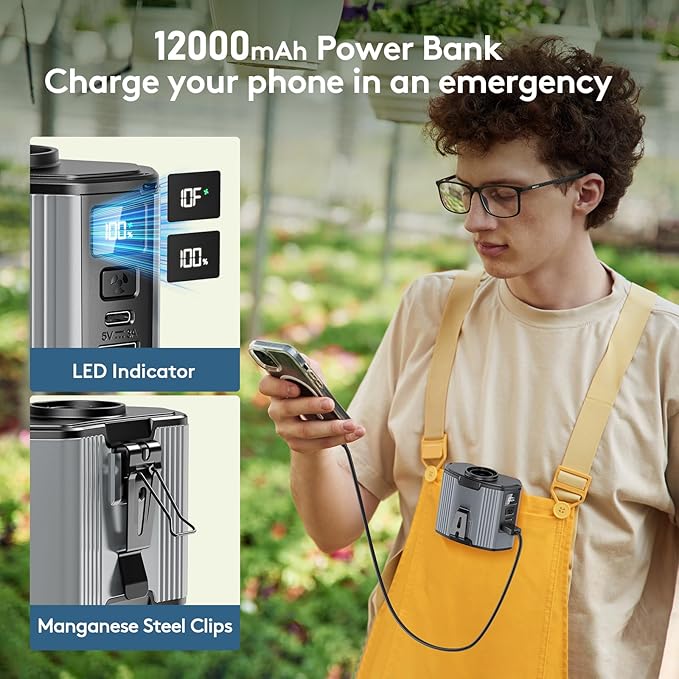 12000mAh Portable Waist Fan Clip on-10 Speeds Under Shirt Fan, Max 40Hrs Runtime Belt Clip Fans Rechargeable, 17000RPM High Speed Turbo Motor, Body Fans for Men Outdoor, Jobsite, Farming Work, Grey