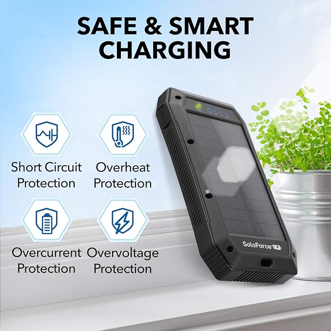 Solar Power Bank - 2000mAh Wireless Portable Charger for iPhone Android | Fast Charging Powerbank | Built-in Qi Panel, USB C Outlets, LED Light | Waterproof External Battery Pack for Camping