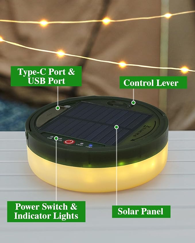Anpro 4 in 1 Solar Camping String Lights, 39.4Ft Ultra Long String with 150LEDs, 3600mAh Solar Powered and USB Rechargeable Light with Remote Control, Portable Camping Light for Hiking, Decorations