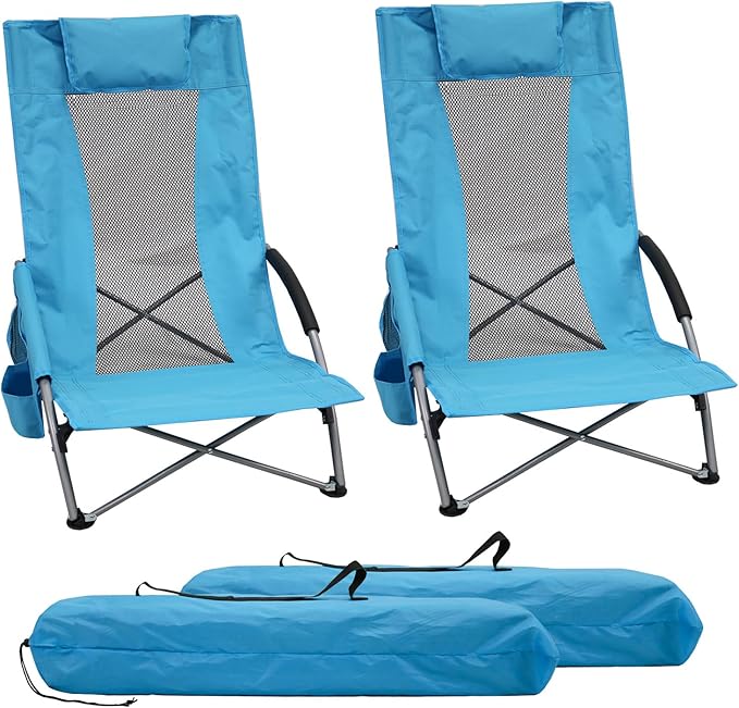 BESTHLS Low Beach Chairs for Adults 2 Pack, High Back Folding Sand Chairs for Beach, with Cup Holder & Carry Bag Lightweight and Portable for Outdoor, Camping, Lawn, Music Festival