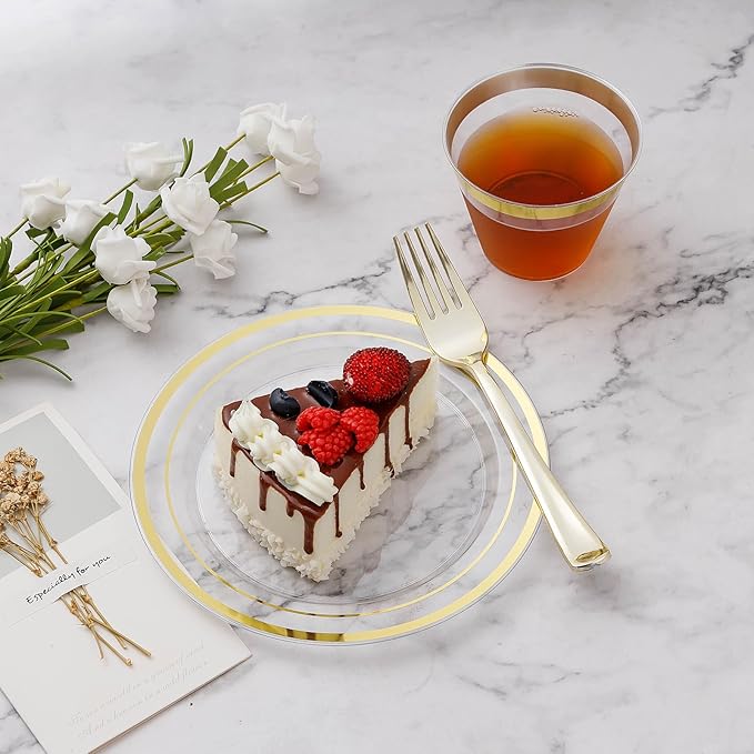 200PCS Clear Gold Plastic Plate, Disposable Party Plates with 100 Dinner and 100 Dessert Plates, Plastic Plate for Party, Wedding and Birthday