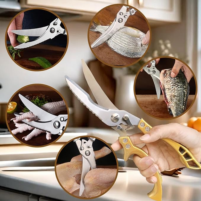 ANDONG Heavy Duty Kitchen Poultry Shears with Serrated Edge, Spring Loaded Kitchen Scissors, Professional Chicken Shears, Gold