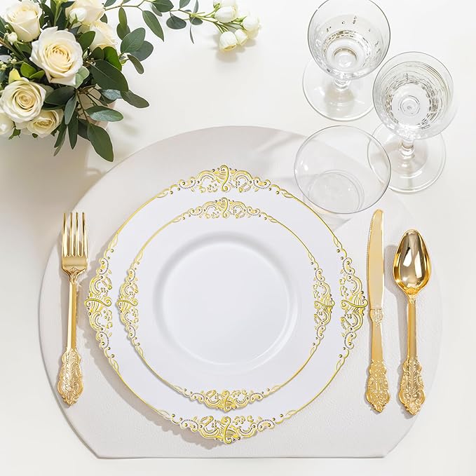 Nervure 100Pcs White and Gold Plastic Plates - 10.25Inch Gold Disposable Plates - Heavyweight Dinner Plate for Wedding & Party & Thanksgiving