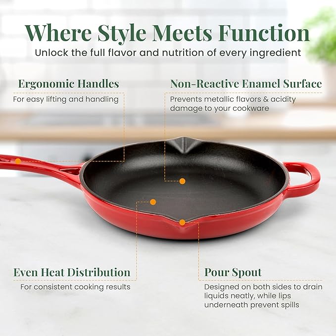 Larder & Vine Enameled Cast Iron Skillet | 10.25 inch Skillet | Saute Pan with Pour Spouts | Enamel Coated Cast Iron | Compatible on All Cooktops & Oven Safe to 500 F | Cabernet