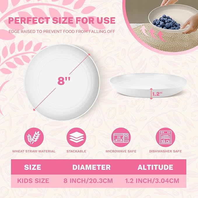 Homienly Wheat Straw Plates, 8 Inch Dessert Plates Set of 8, Unbreakable White Round Plate - Alternative to Plastic Plates, Lightweight Microwave and Dishwasher Safe Plate Set for Camping - White