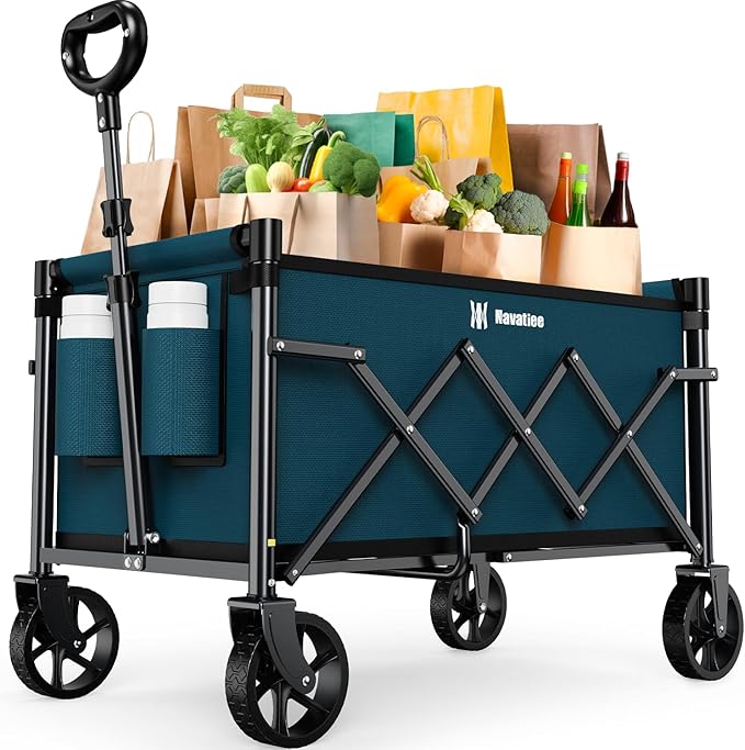Navatiee Portable Foldable Collapsible Wagon with Wheels, 220lbs Weight Capacity Utility Grocery Shopping Cart, Lightweight Mini Folding Wagon for Outdoor, Blue