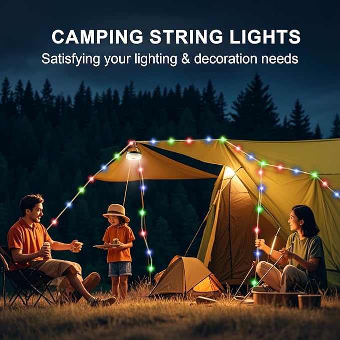 Solar Camping String Lights, 4 in 1 Quick Storage 33FT Rechargeable Tent Lights with 13 Lighting Modes, Hanging Waterproof Portable Retractable LED Lamp for Outdoor, Patio, RV, Awning, Garden, Party