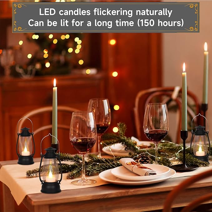 12Pcs Mini Lantern for Cowboy Halloween Christmas Wedding, Black 6" Candle Lantern with Flickering LED for Camping Western Party Decorations, Table Centerpiece, Hanging Lamp Ornaments Bulk