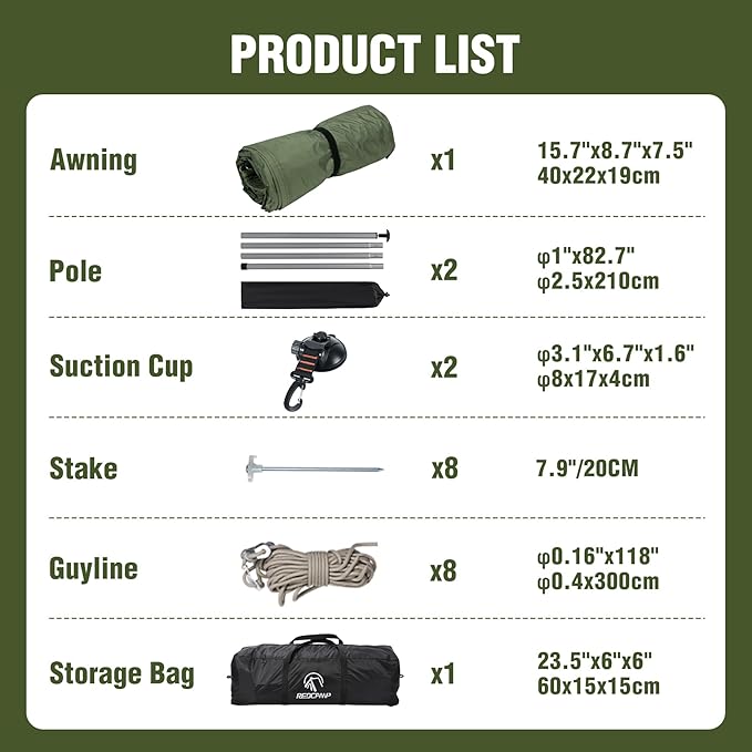 REDACMP 19ft x17ft Large Car Awning Tarp with 2 Poles & 2 Suction Cup Hooks, Waterproof Camping Tarp Hammock Rain Fly with UV Protection Sun Shelter for SUV,Van,Overland Camping,Tailgate Canopy,Green