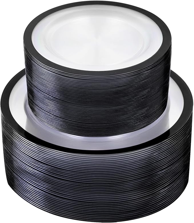 U-QE 120pcs Black Plates Disposable for Party - Clear Plastic Plates Disposable Heavy Duty - Include 60 10" Dinner and 60 7" Dessert Plate, Perfect for Halloween Party & Wedding