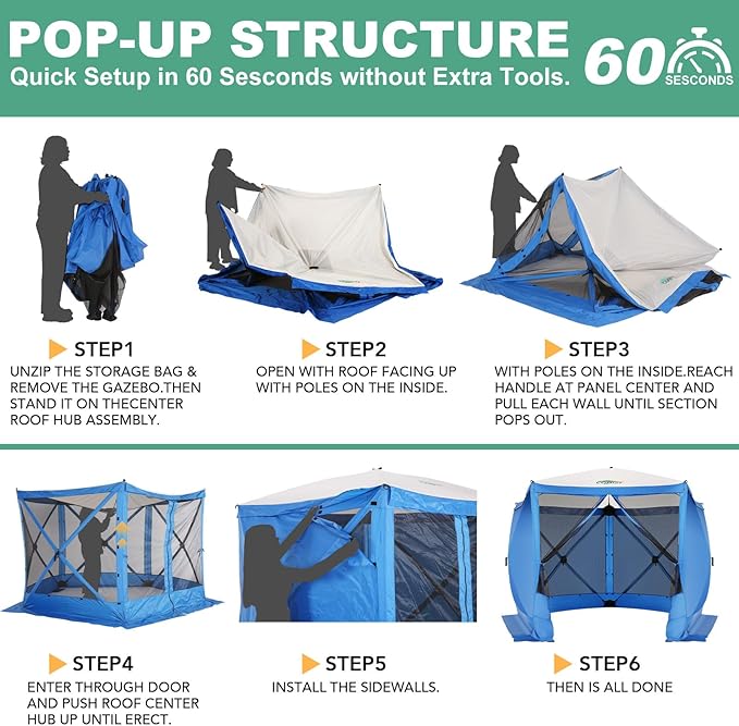 COBIZI 10x10 Pop up Gazebo Screen House Tent for Camping, Pop-up Camping Canopy with Sidewalls,Portable Outdoor Quick-Set Hub Tent with Carrying Bag&Ground Stakes,Blue(Upgraded 2.0)