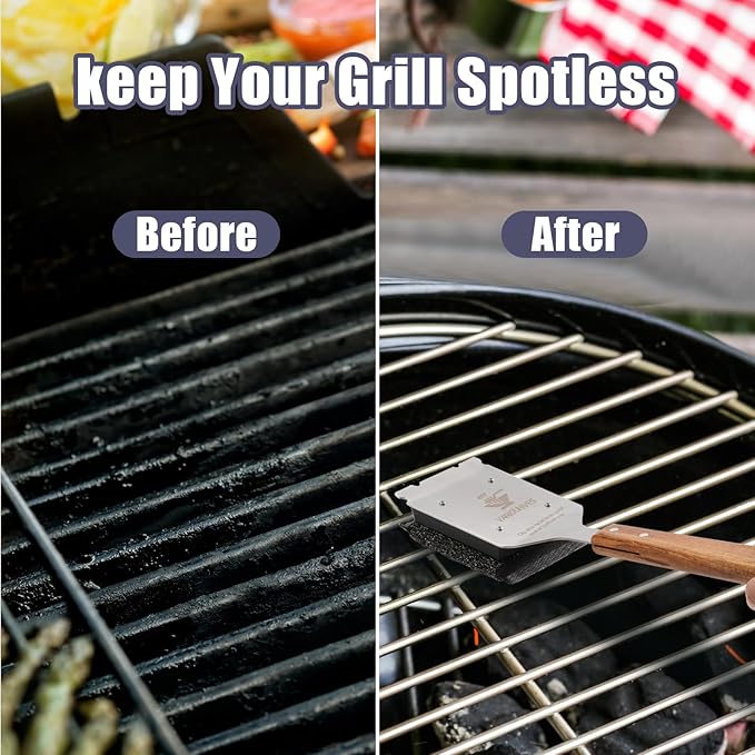 Grill Brush Bristle-Free Stainless Steel Safely Steam Grill Cleaner for Outdoor Grill Larger Brush Head Design,Wood Handle with 1 Replacement Head,All Types of Grills Ideal Gift for Dads