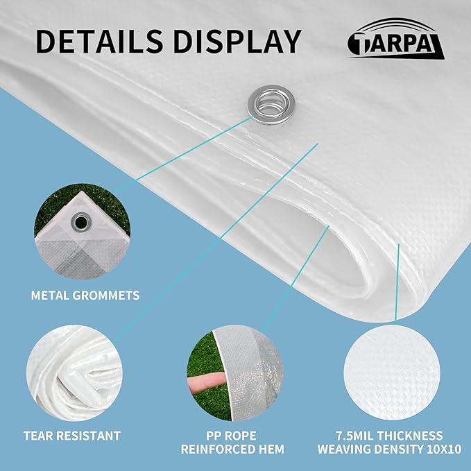TARPAL 16'x16' Semi Clear White Tarp Waterproof Green House Cover with Grommets 7.5mil Clear Poly tarps for Gardening,Farm, Garden,Chicken Coops,Outdoor
