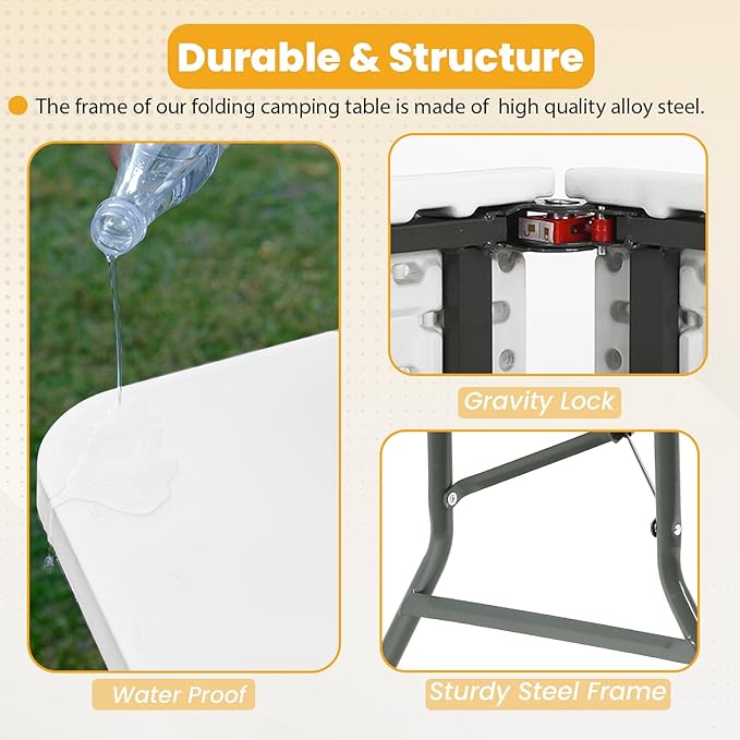 FDW 6FT Folding Picnic Table for Outdoor, Portable Fold-in-Half Plastic Dining Picnic Party Table with Carrying Handle