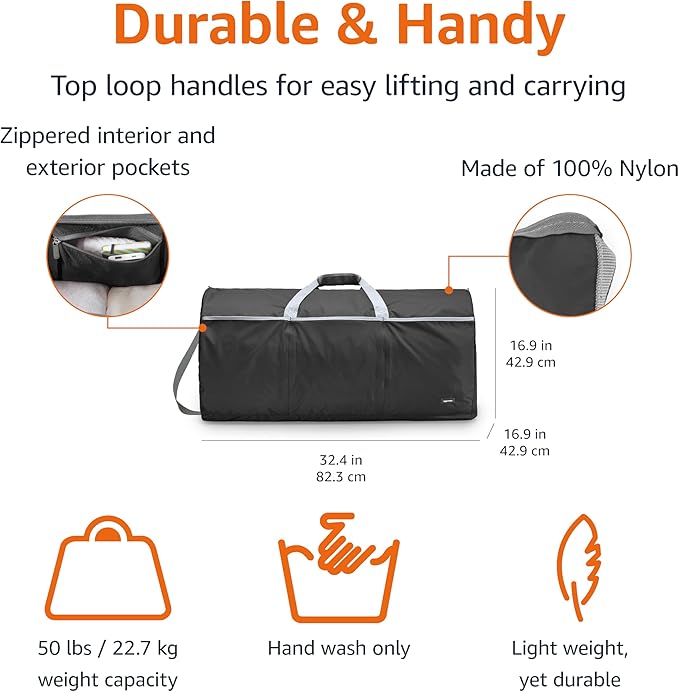 Amazon Essentials 32.4" Extra Large Foldable Nylon Duffel Bag for Travel/Storage with Zippered Pockets, 9254 Cubic Inch (150L), 50-LBS Capacity, Black (Previously Amazon Basics)