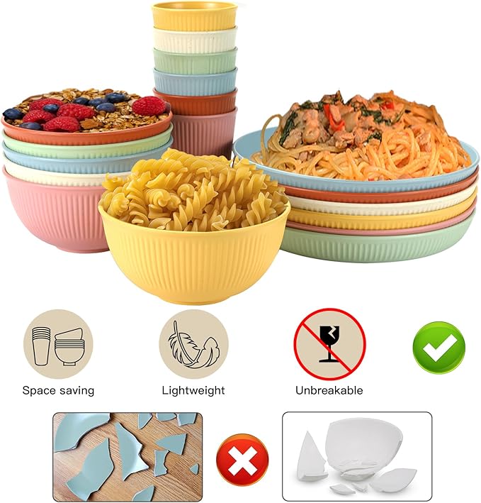 18PCS Wheat Straw Dinnerware Sets Unbreakable Dinnerware Sets Reusable Cups Plates and Bowls Sets Microwave for Kitchen Travel Camping