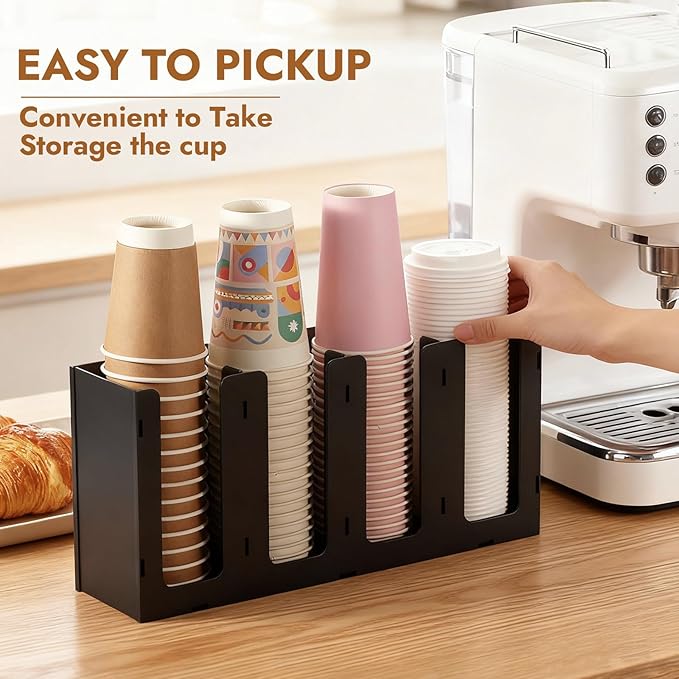 CURTA 4 Compartment Splicing Disposable Paper Cup Dispenser, Coffee and Lid Storage Organizer Holder for Countertop Bar,Restaurant,Breakroom,Party, Black
