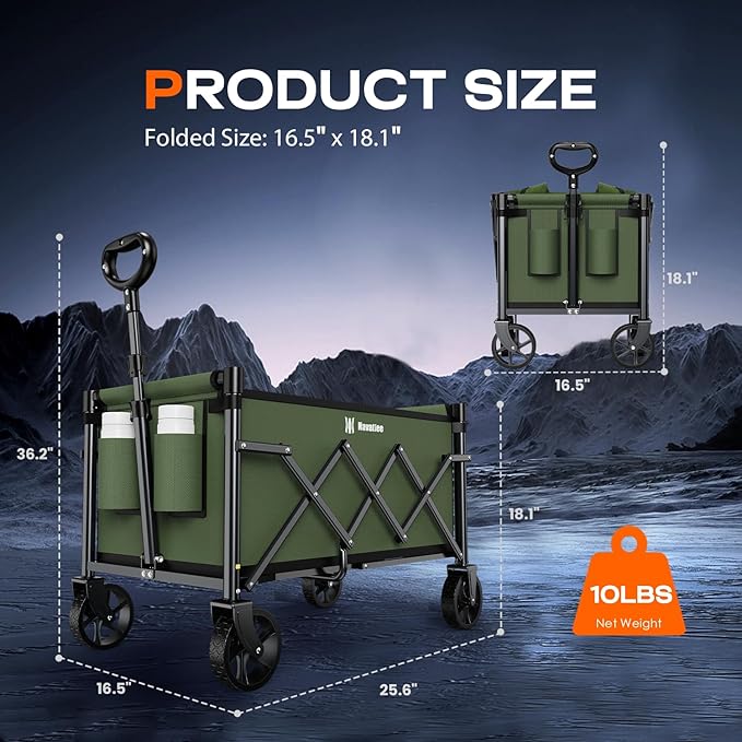 Navatiee Portable Foldable Collapsible Wagon with Wheels, 220lbs Weight Capacity Utility Grocery Shopping Cart, Lightweight Mini Folding Wagon for Outdoor, ArmyGreen
