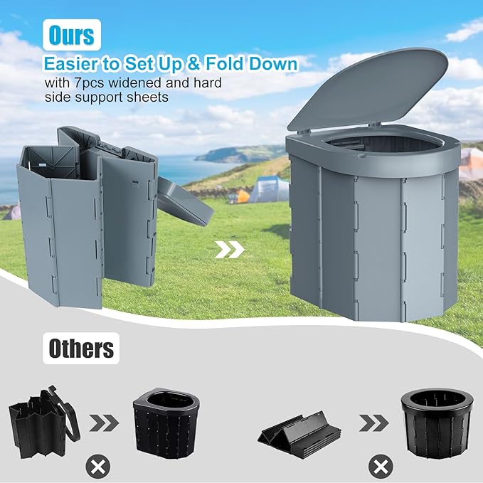 Portable Camping Toilet, Folding Toilet for Adults with Lid and Retractable Toilet Paper Holder, Waterproof Porta Potty with Carry Bag and Disposible Liners for Hiking, RV Travel, Road Trips,Dark Gray