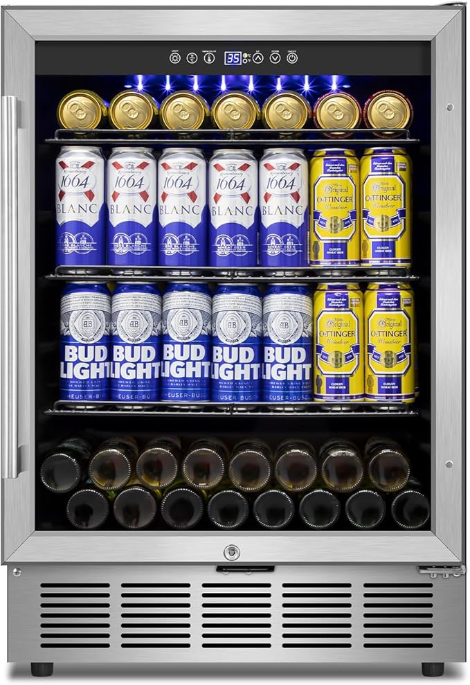 Beverage Refrigerator 24 inch-200 Can Drink Fridge with Glass Door, Under Counter/Freestanding Beverage Cooler with Temperature Memory, Reversible Door, Quick Cooling, Cooler for Beer, Soda, Wine