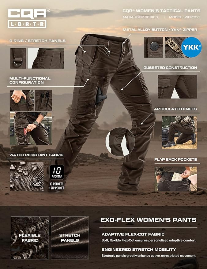 CQR Women's Flex Stretch Tactical Pants, Water Resistant Ripstop Cargo Work Pants with Pockets for Outdoor & Hiking