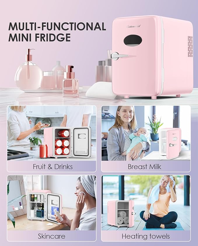 Skincare Fridge - 4L Makeup Fridge for Refrigerating Makeup, Skincare and Food, Mini Fridge for Bedroom, Office and Car, Cooler and Warmer, Beverage Cooler, Leather Pink