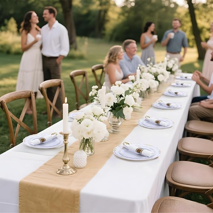 U-QE 350PCS Gold Plastic Plates - Disposable Dinnerware Set for 50 Guests - White and Gold Plates and Napkins Party Supplies include 100 Plate, 150 Silverware, 50 Cups, 50 Napkins for Weddings&Party